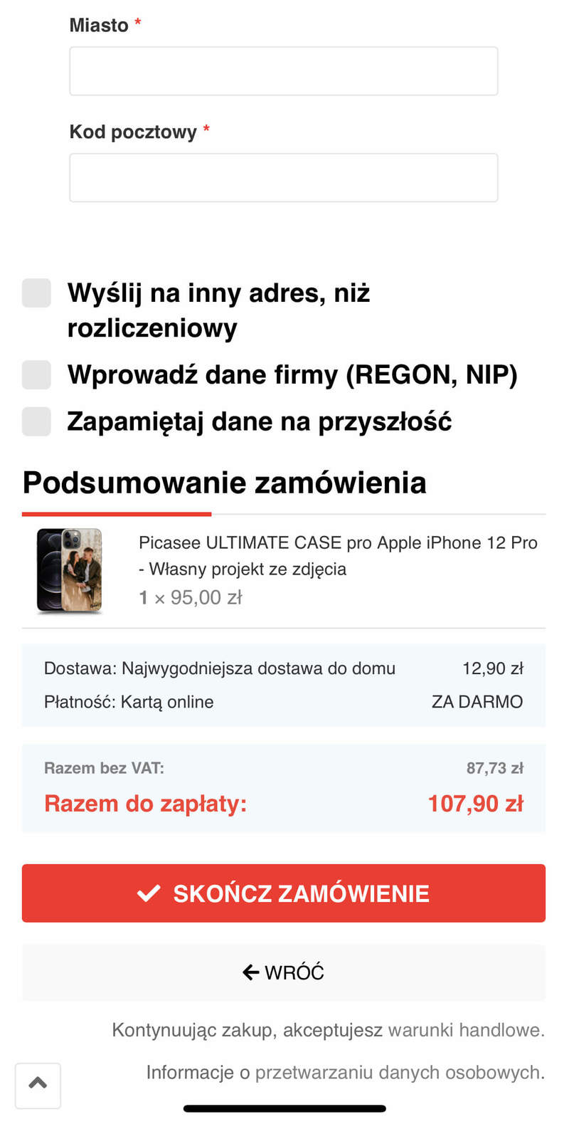 Wybierz sposób dostawy i płatności, uzupełnij dane dotyczące dostawy