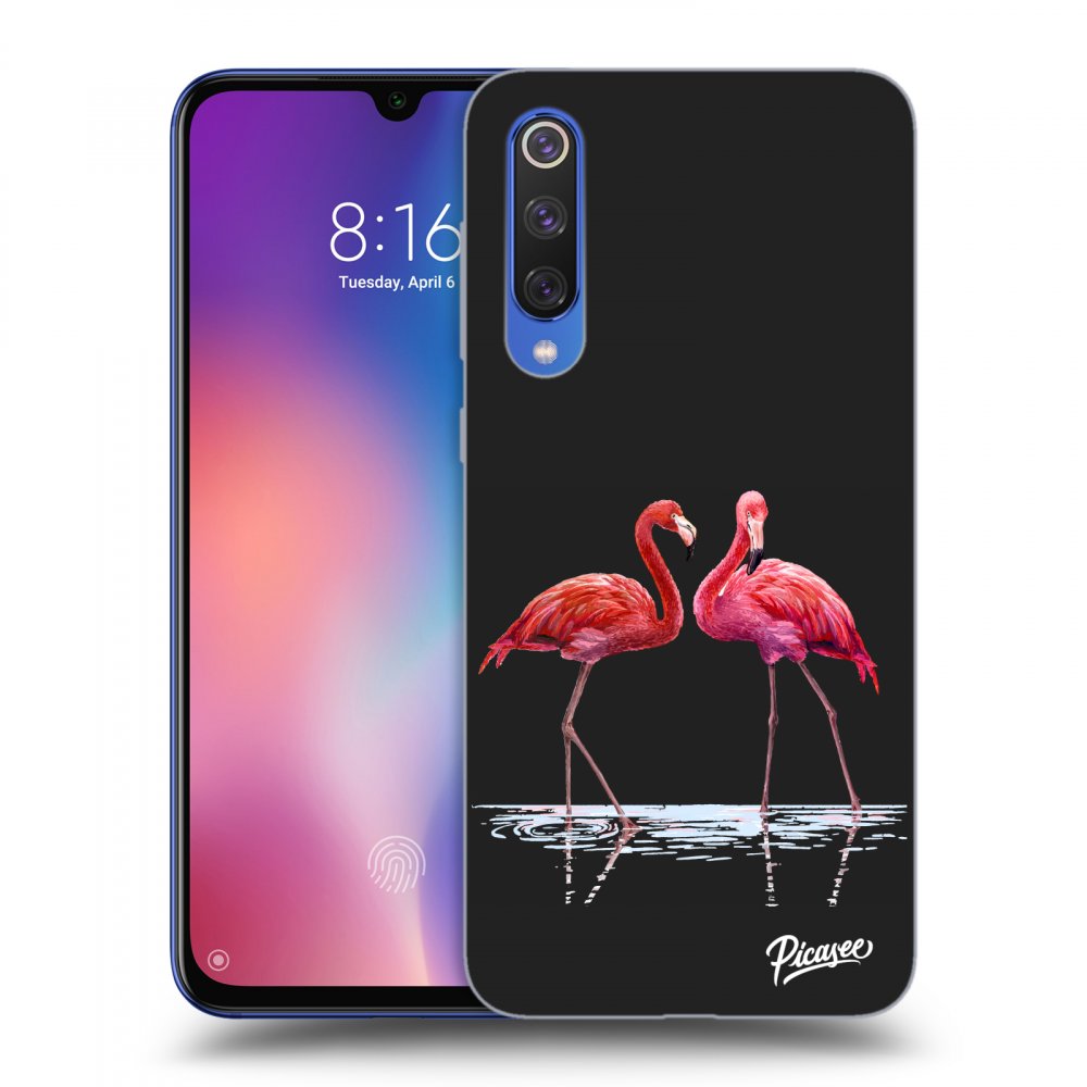 Picasee silikonowe czarne etui na Xiaomi Mi 9 SE - Flamingos couple