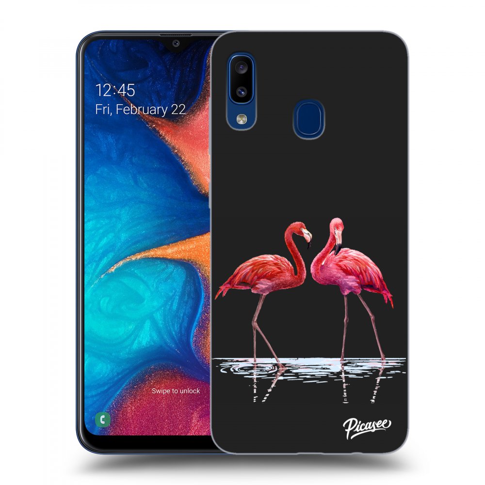 Picasee silikonowe czarne etui na Samsung Galaxy A20e A202F - Flamingos couple