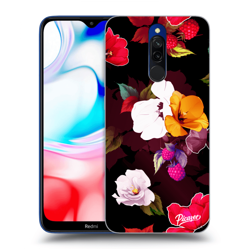 Picasee silikonowe czarne etui na Xiaomi Redmi 8 - Flowers and Berries