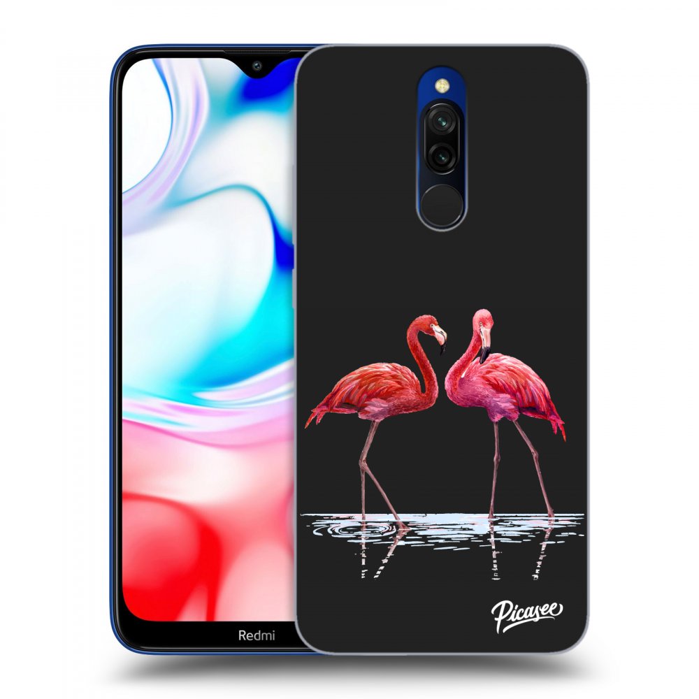 Picasee silikonowe czarne etui na Xiaomi Redmi 8 - Flamingos couple