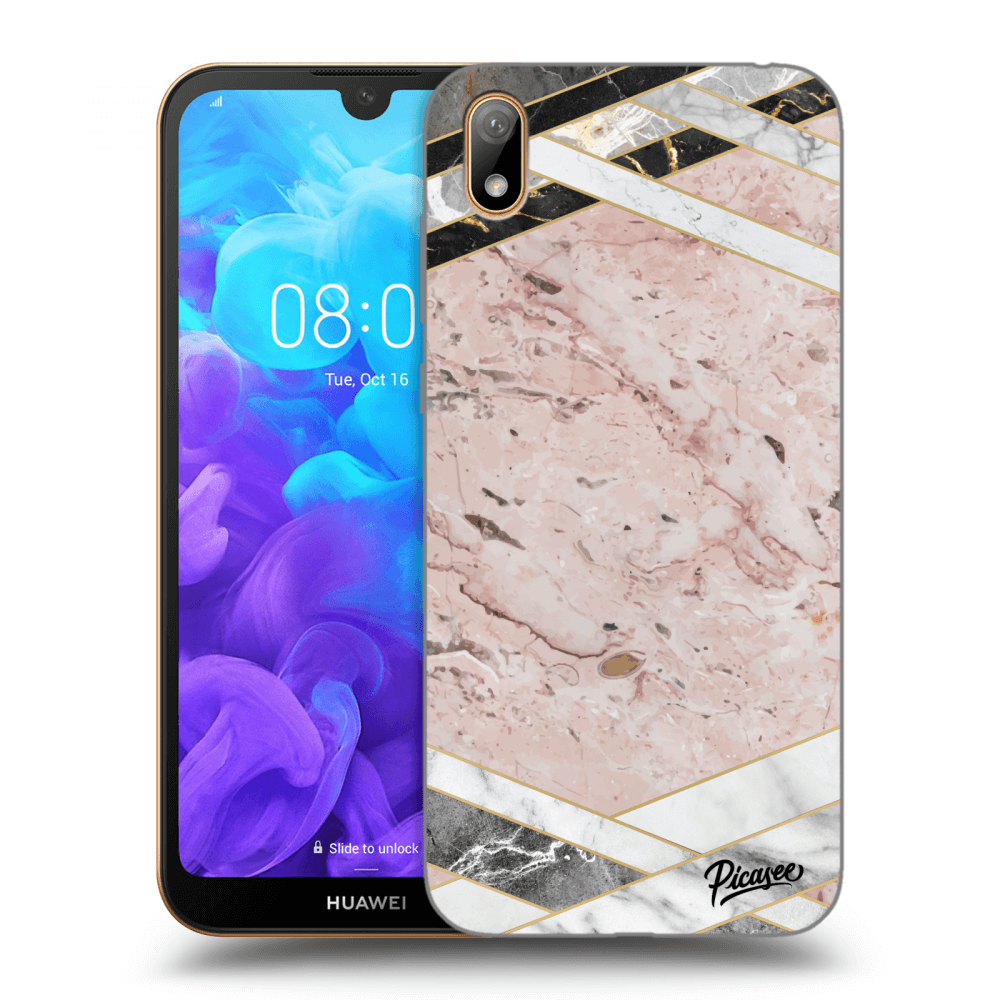 Picasee silikonowe czarne etui na Huawei Y5 2019 - Pink geometry