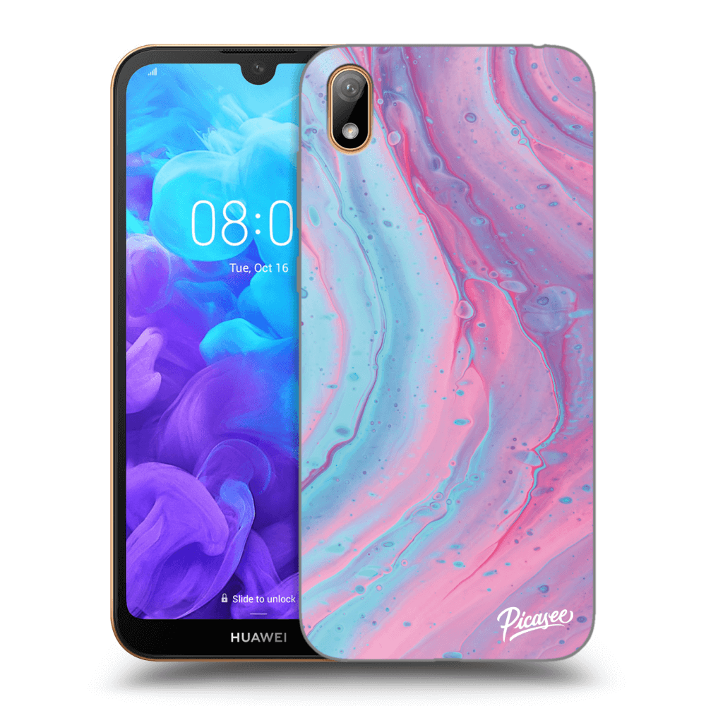 Picasee silikonowe czarne etui na Huawei Y5 2019 - Pink liquid