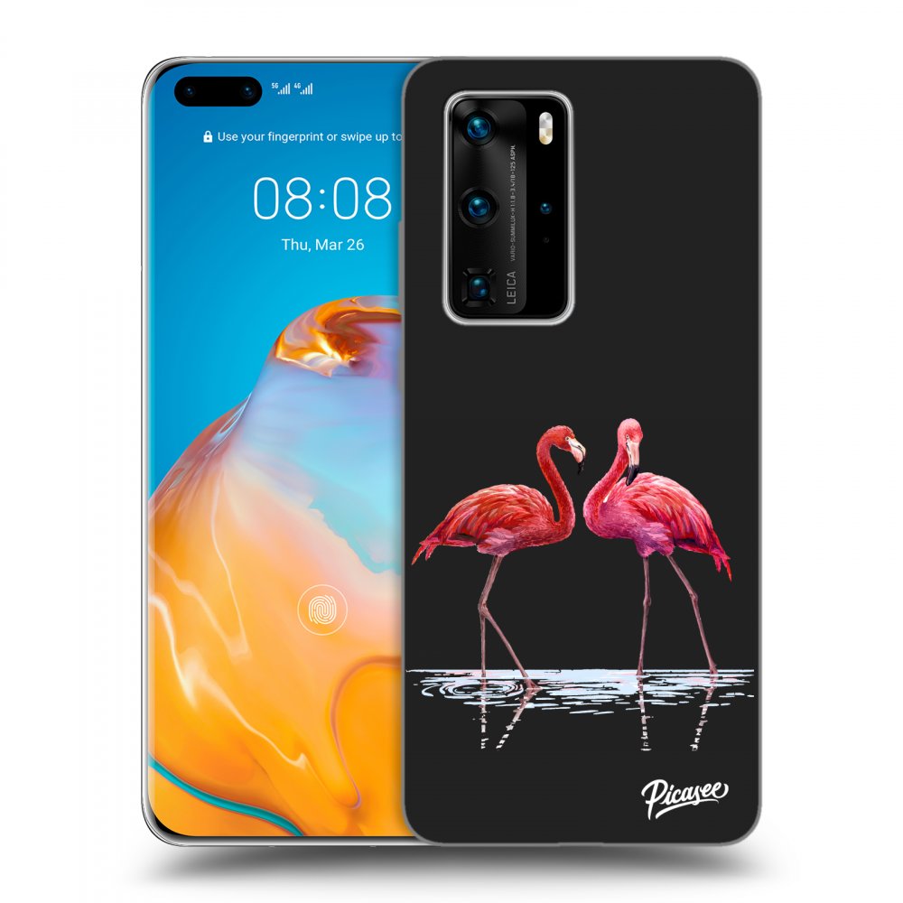 Picasee silikonowe czarne etui na Huawei P40 Pro - Flamingos couple