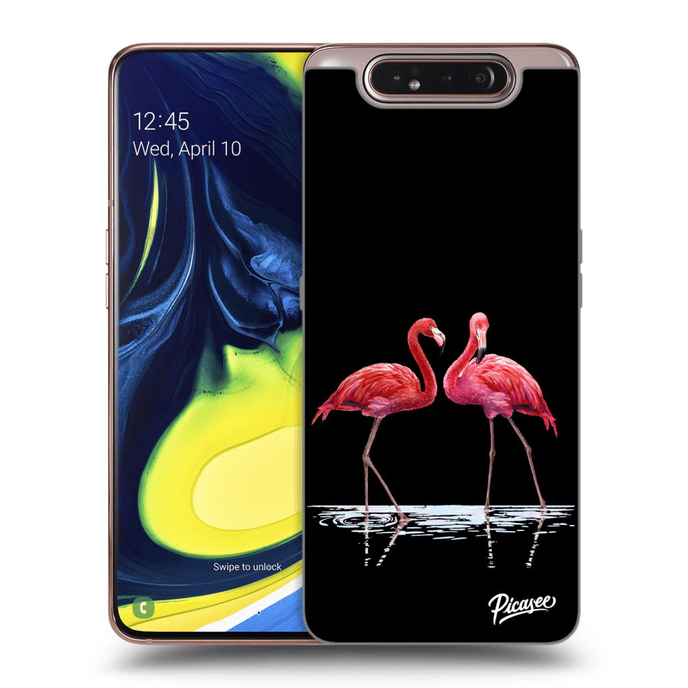 Picasee silikonowe czarne etui na Samsung Galaxy A80 A805F - Flamingos couple