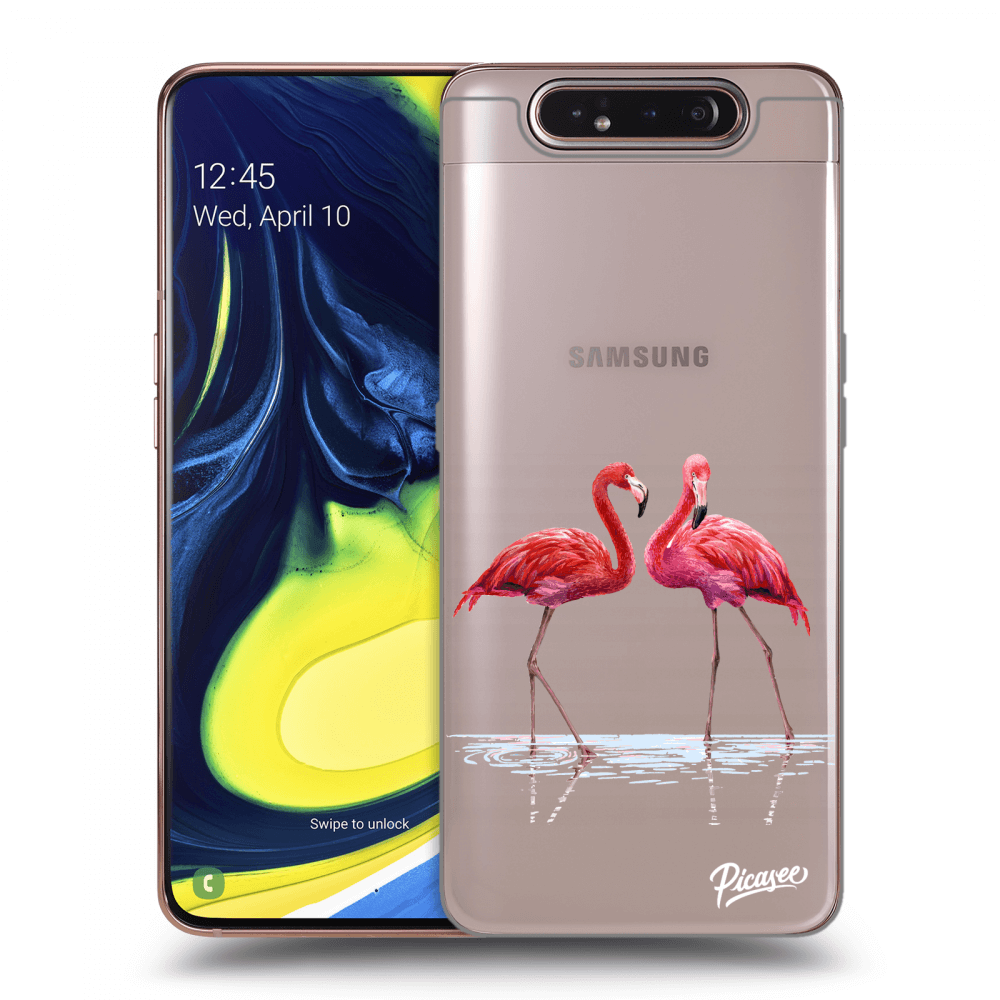 Picasee silikonowe przeźroczyste etui na Samsung Galaxy A80 A805F - Flamingos couple