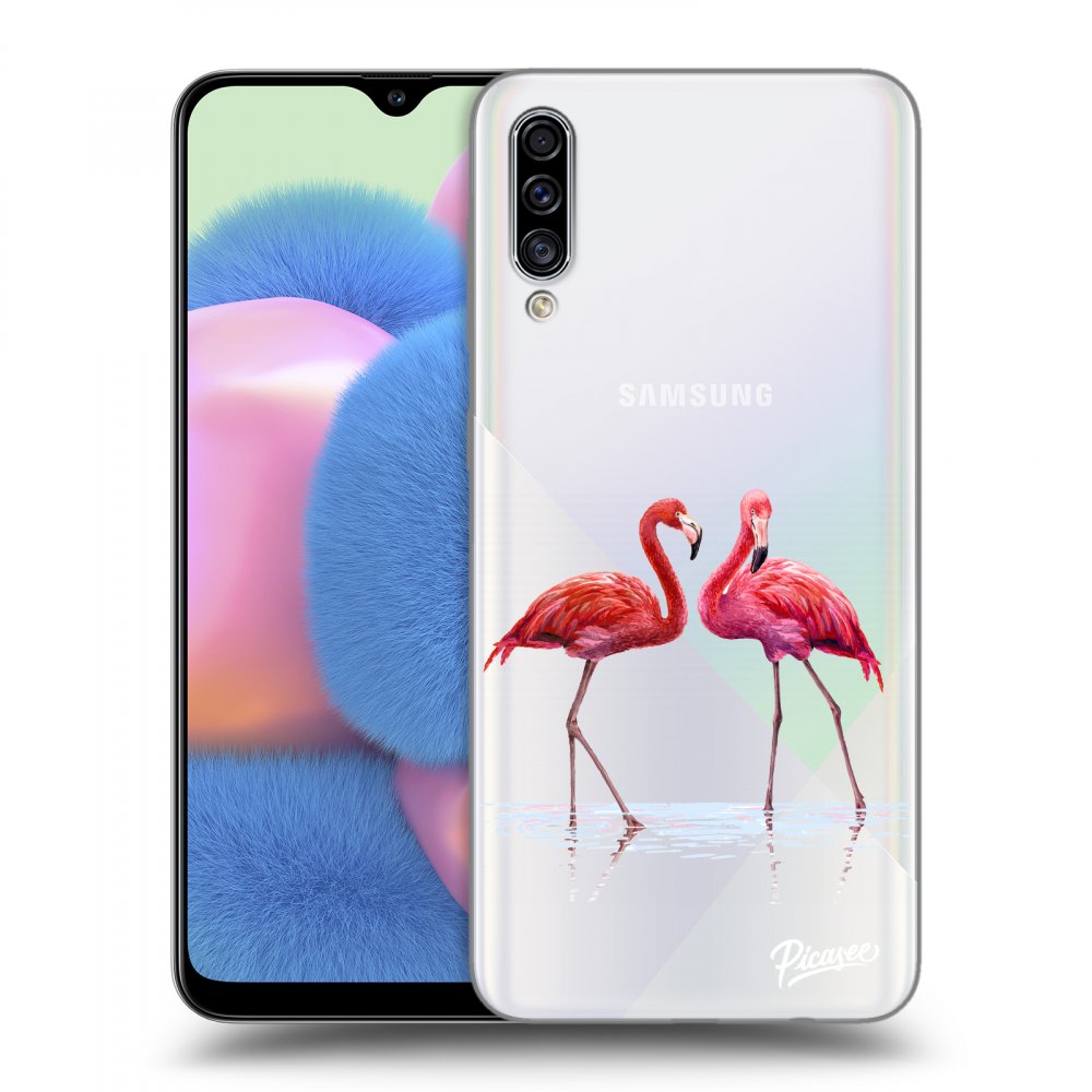 Picasee silikonowe przeźroczyste etui na Samsung Galaxy A30s A307F - Flamingos couple