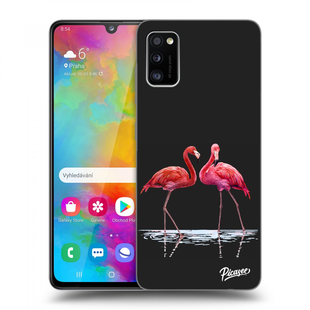 Picasee silikonowe czarne etui na Samsung Galaxy A41 A415F - Flamingos couple