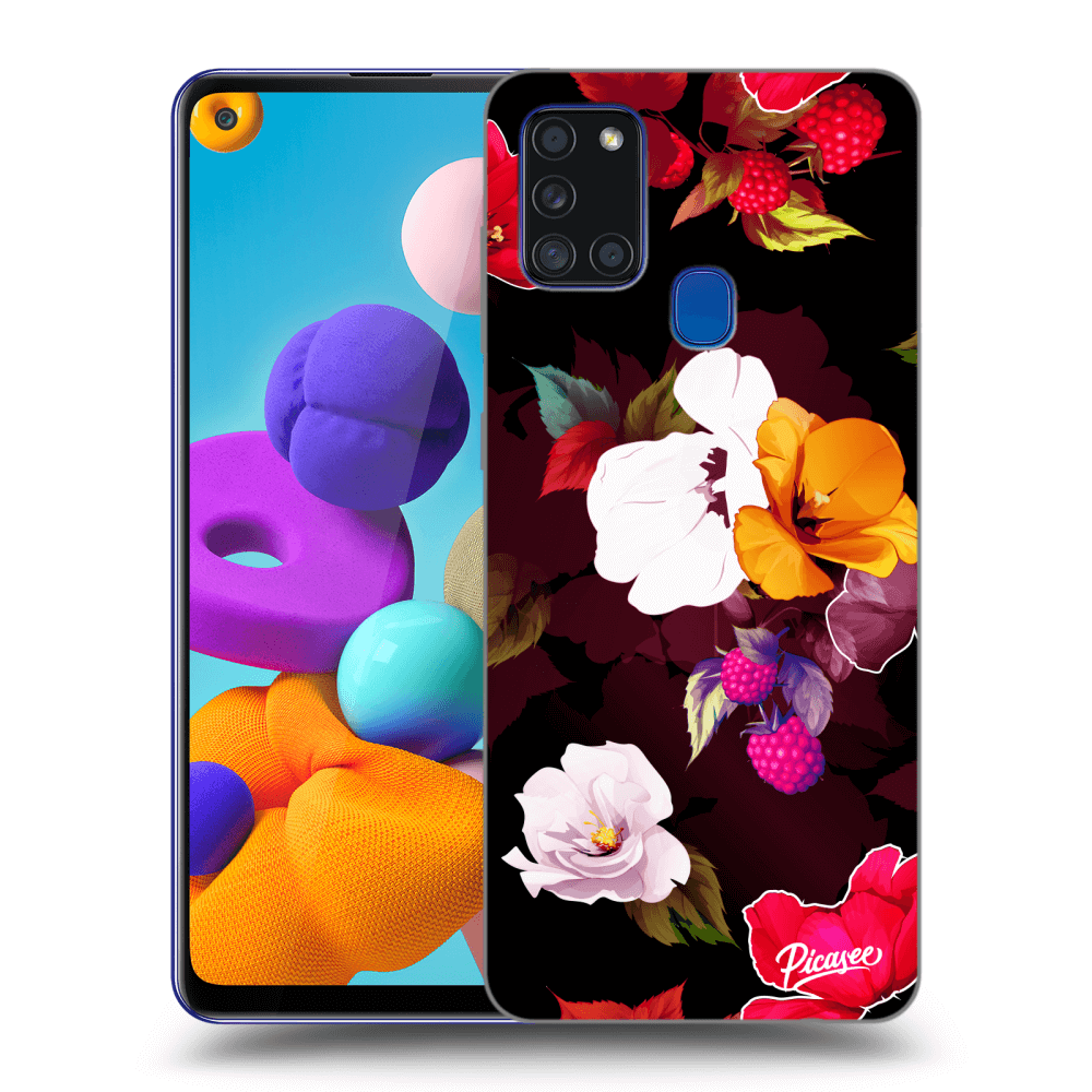 Picasee silikonowe czarne etui na Samsung Galaxy A21s - Flowers and Berries