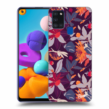 Picasee silikonowe przeźroczyste etui na Samsung Galaxy A21s - Purple Leaf