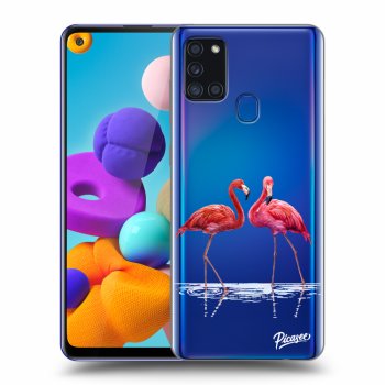 Picasee silikonowe przeźroczyste etui na Samsung Galaxy A21s - Flamingos couple