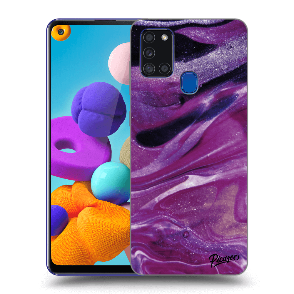 Picasee silikonowe czarne etui na Samsung Galaxy A21s - Purple glitter