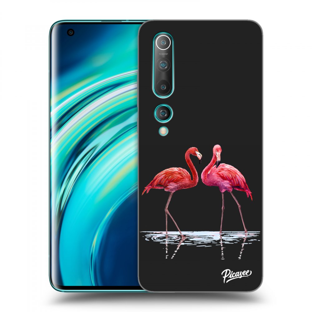 Picasee silikonowe czarne etui na Xiaomi Mi 10 - Flamingos couple