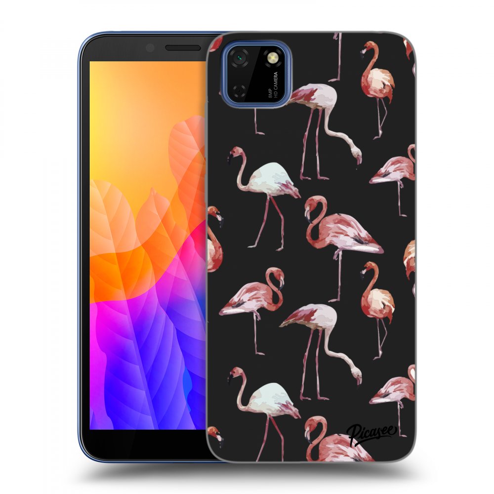 Picasee silikonowe czarne etui na Huawei Y5P - Flamingos