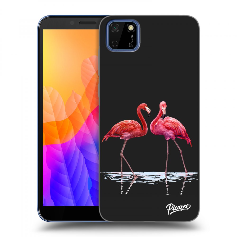 Picasee silikonowe czarne etui na Huawei Y5P - Flamingos couple