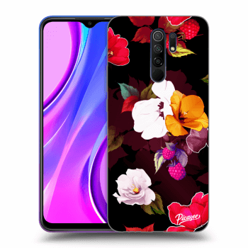Picasee silikonowe czarne etui na Xiaomi Redmi 9 - Flowers and Berries