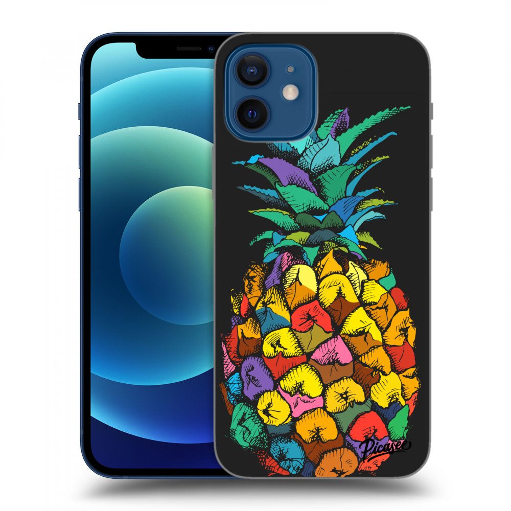 Picasee silikonowe czarne etui na Apple iPhone 12 - Pineapple
