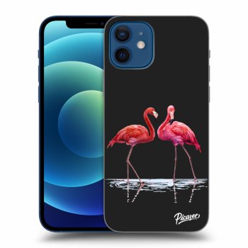 Picasee silikonowe czarne etui na Apple iPhone 12 - Flamingos couple