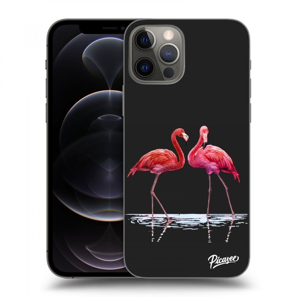 Picasee silikonowe czarne etui na Apple iPhone 12 Pro - Flamingos couple