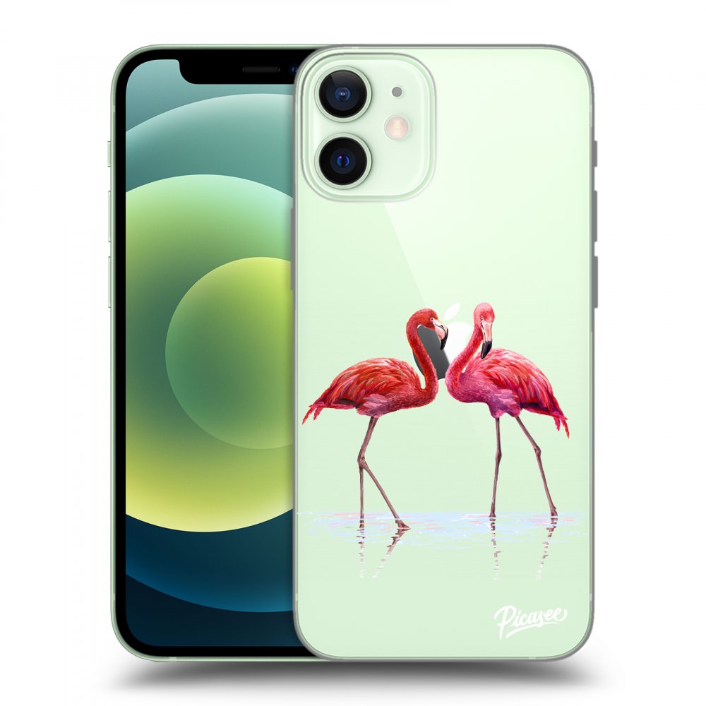 Picasee silikonowe przeźroczyste etui na Apple iPhone 12 mini - Flamingos couple