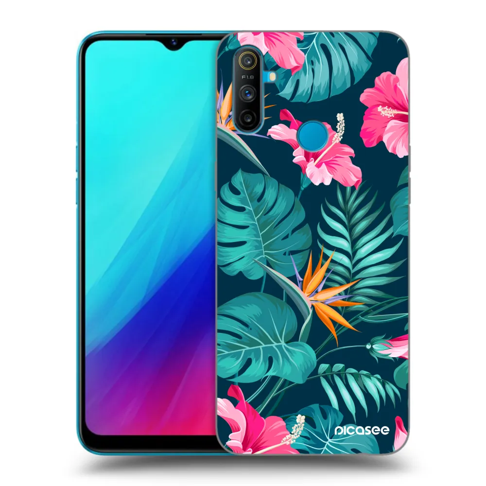 Picasee silikonowe czarne etui na Realme C3 - Pink Monstera
