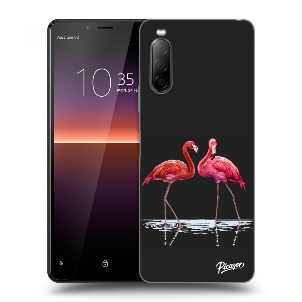 Picasee silikonowe czarne etui na Sony Xperia 10 II - Flamingos couple