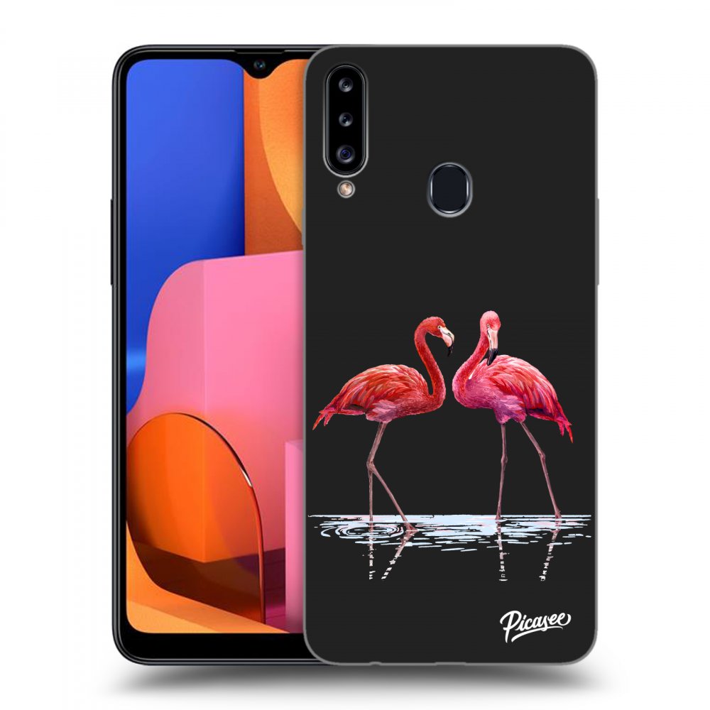 Picasee silikonowe czarne etui na Samsung Galaxy A20s - Flamingos couple