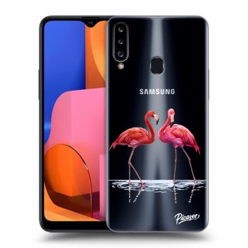 Picasee silikonowe przeźroczyste etui na Samsung Galaxy A20s - Flamingos couple