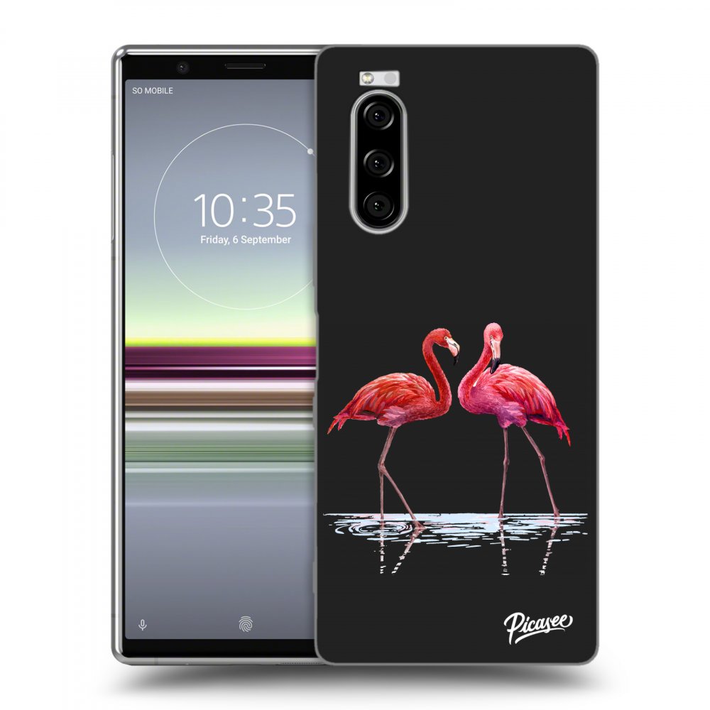 Picasee silikonowe czarne etui na Sony Xperia 5 - Flamingos couple