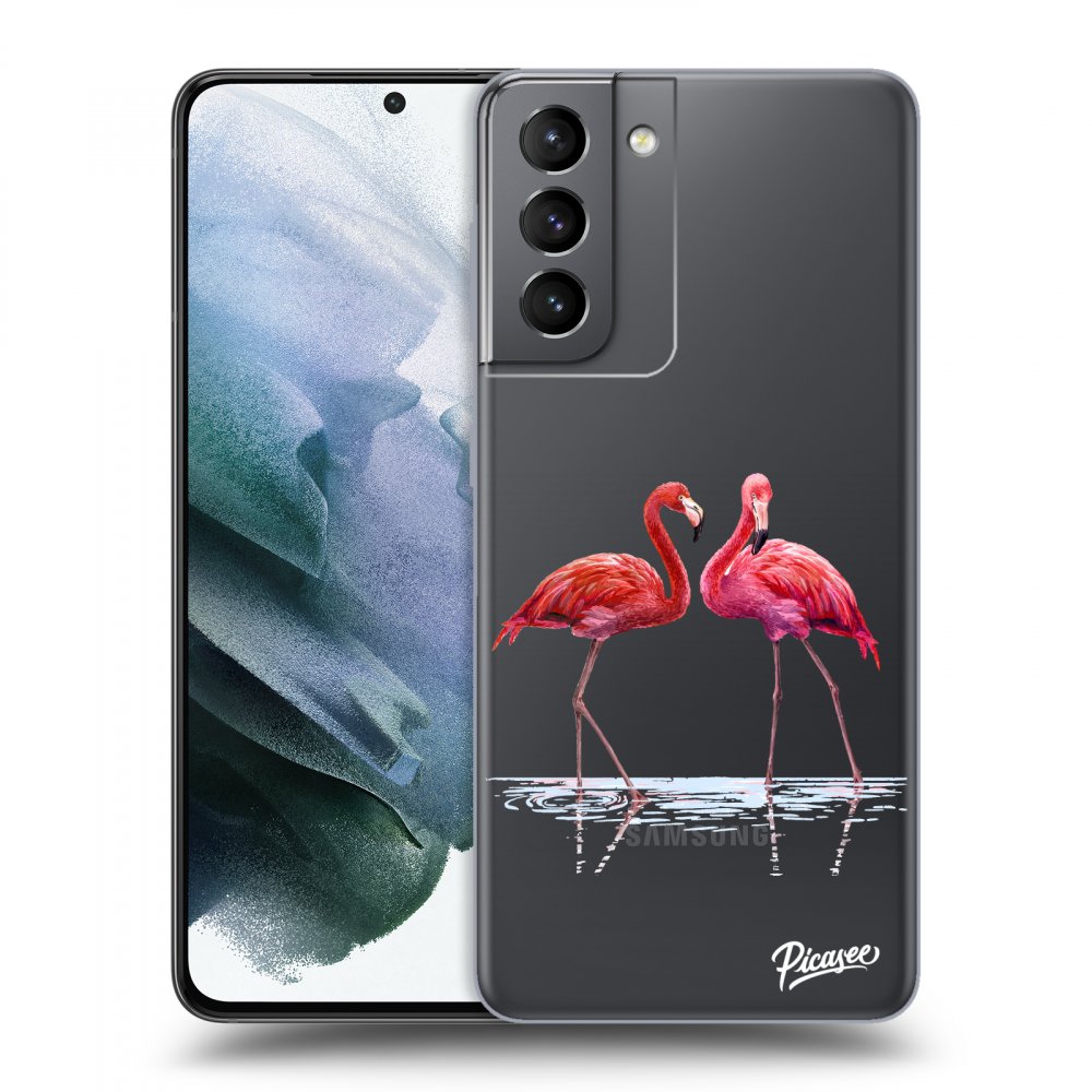Picasee silikonowe przeźroczyste etui na Samsung Galaxy S21 5G G991B - Flamingos couple