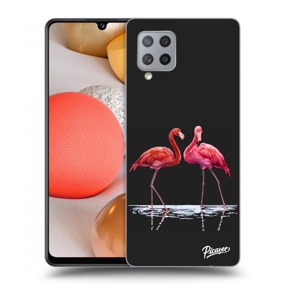 Picasee silikonowe czarne etui na Samsung Galaxy A42 A426B - Flamingos couple