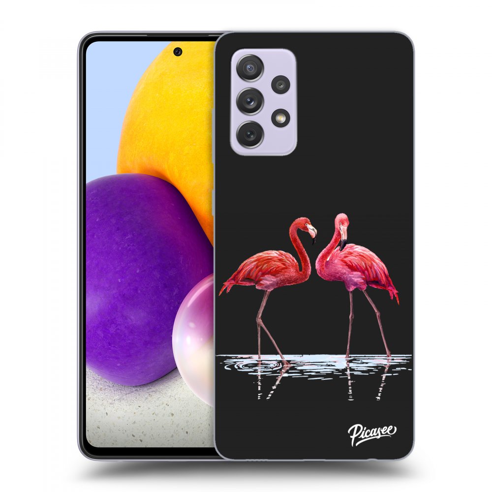 Picasee silikonowe czarne etui na Samsung Galaxy A72 A725F - Flamingos couple