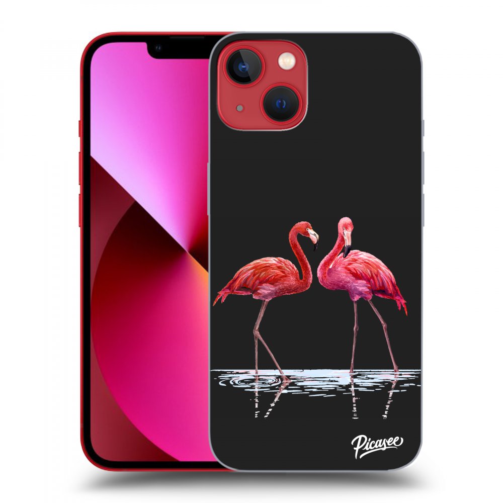 Picasee silikonowe czarne etui na Apple iPhone 13 - Flamingos couple