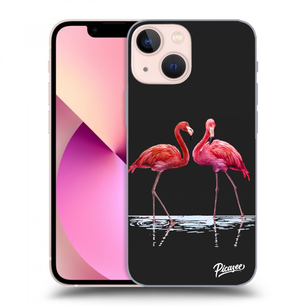 Picasee silikonowe czarne etui na Apple iPhone 13 mini - Flamingos couple