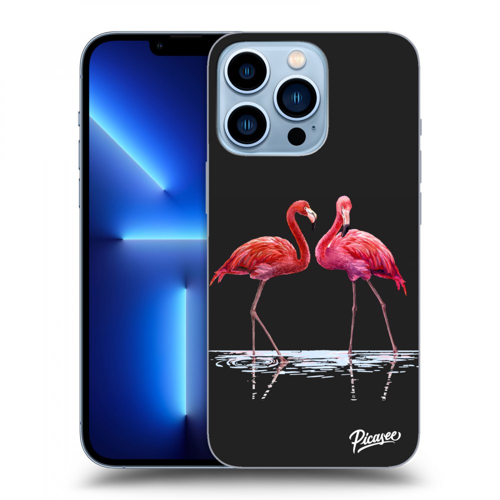 Picasee silikonowe czarne etui na Apple iPhone 13 Pro - Flamingos couple