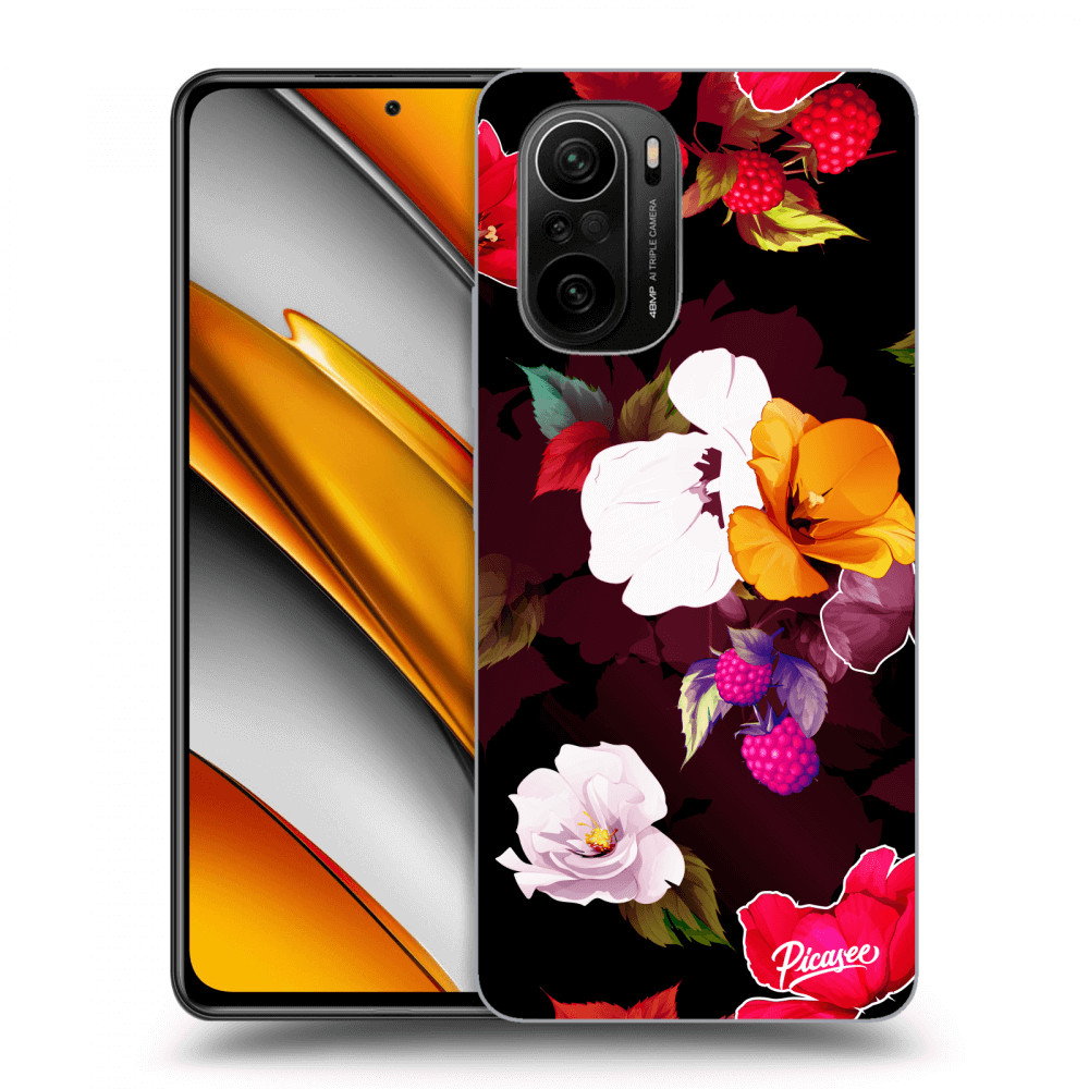 Picasee silikonowe czarne etui na Xiaomi Poco F3 - Flowers and Berries
