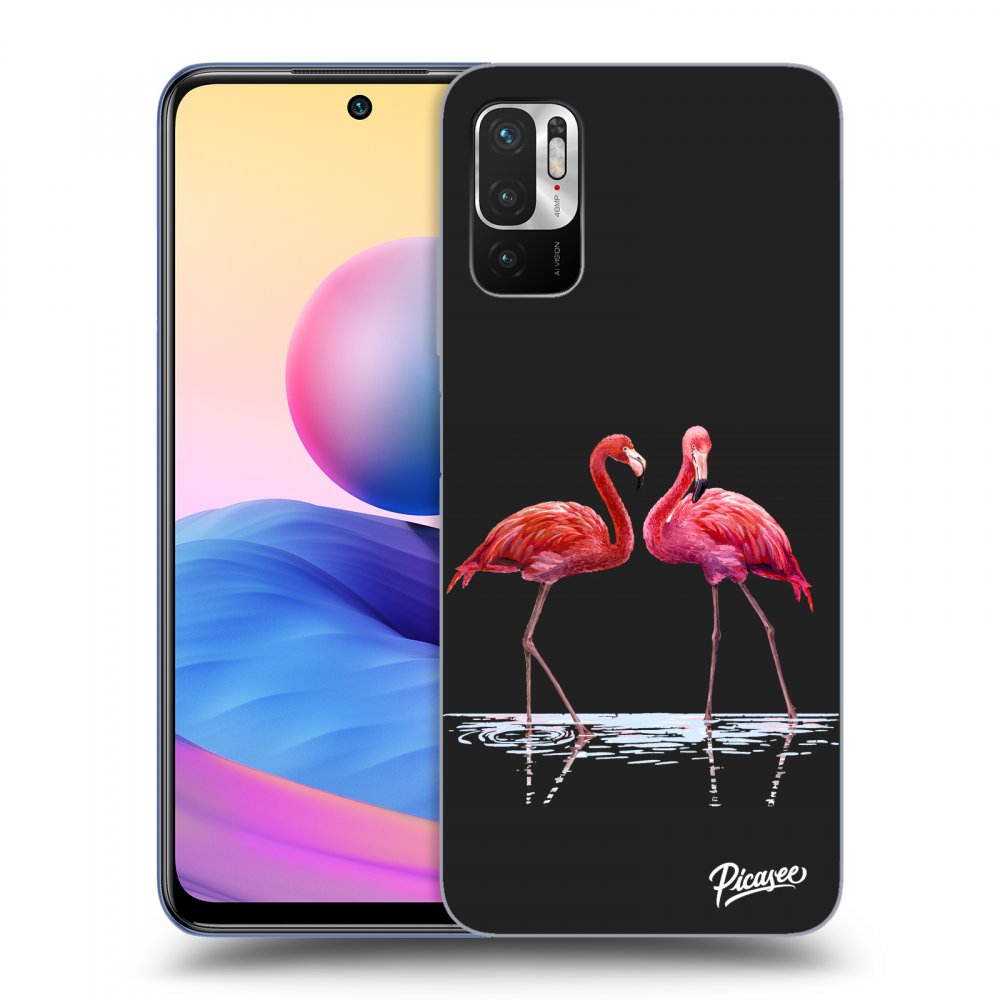 Picasee silikonowe czarne etui na Xiaomi Redmi Note 10 5G - Flamingos couple