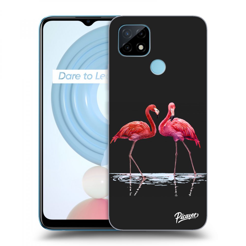 Picasee silikonowe czarne etui na Realme C21 - Flamingos couple