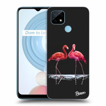 Picasee silikonowe czarne etui na Realme C21 - Flamingos couple