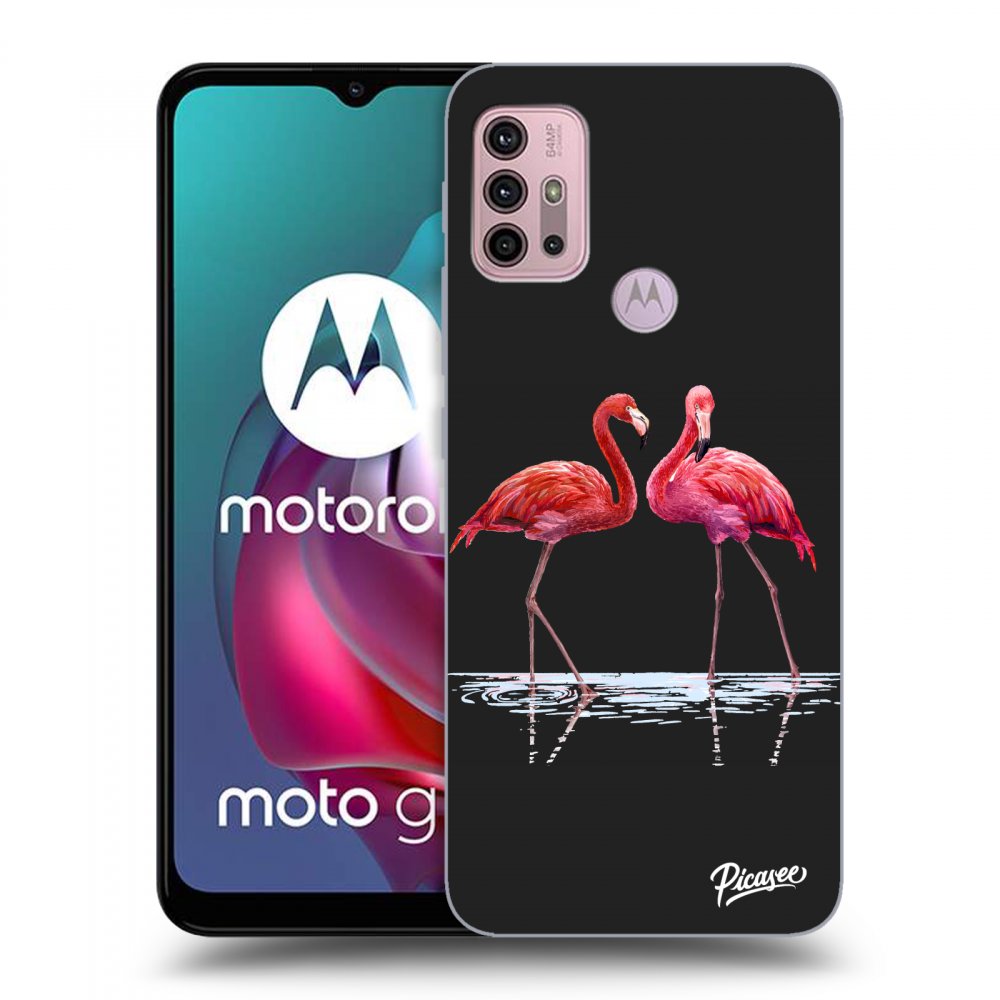 Picasee silikonowe czarne etui na Motorola Moto G30 - Flamingos couple