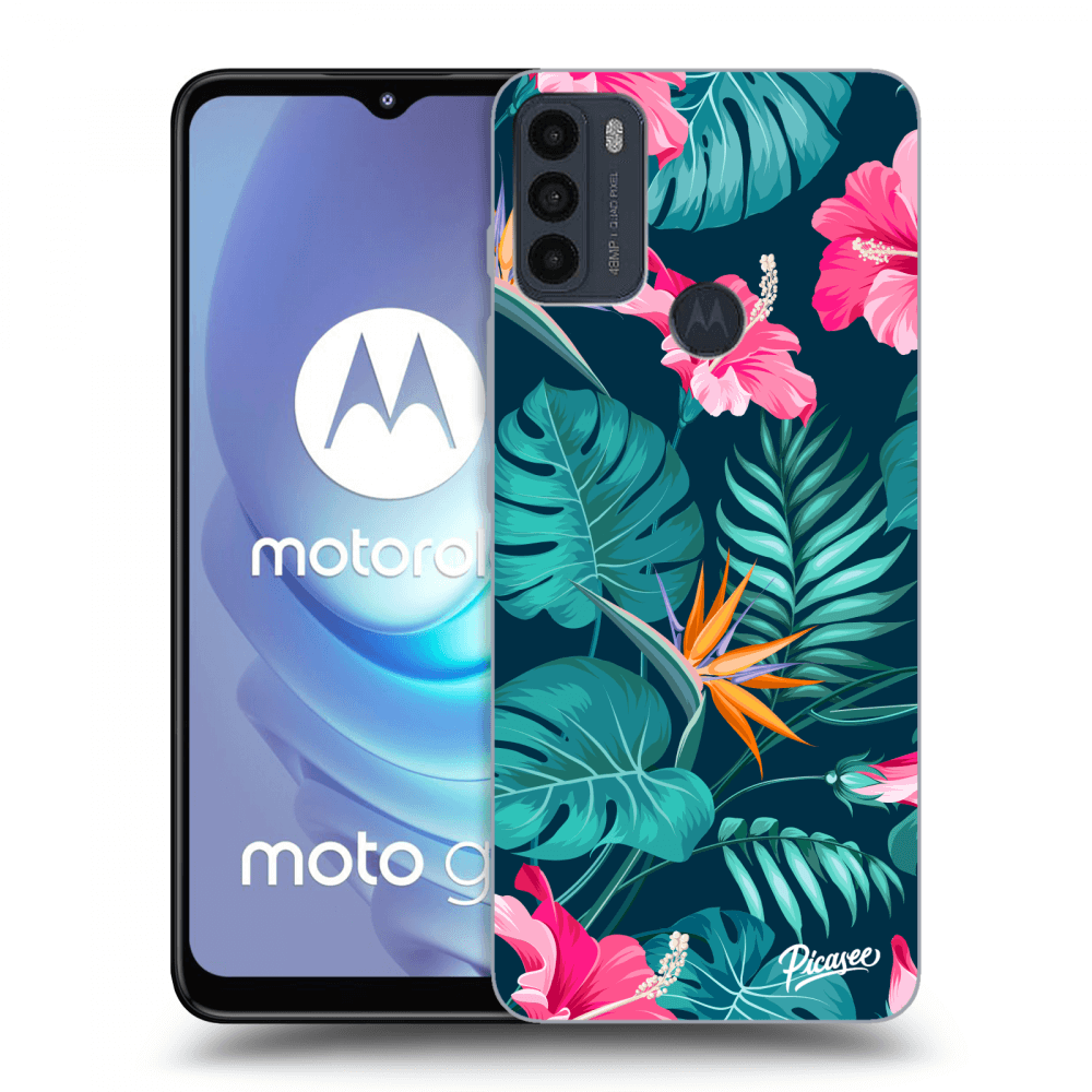 Picasee silikonowe czarne etui na Motorola Moto G50 - Pink Monstera