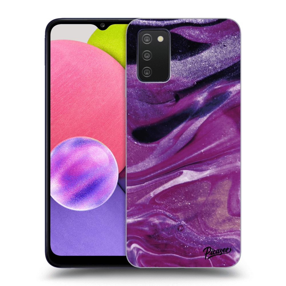 Picasee silikonowe przeźroczyste etui na Samsung Galaxy A03s A037G - Purple glitter