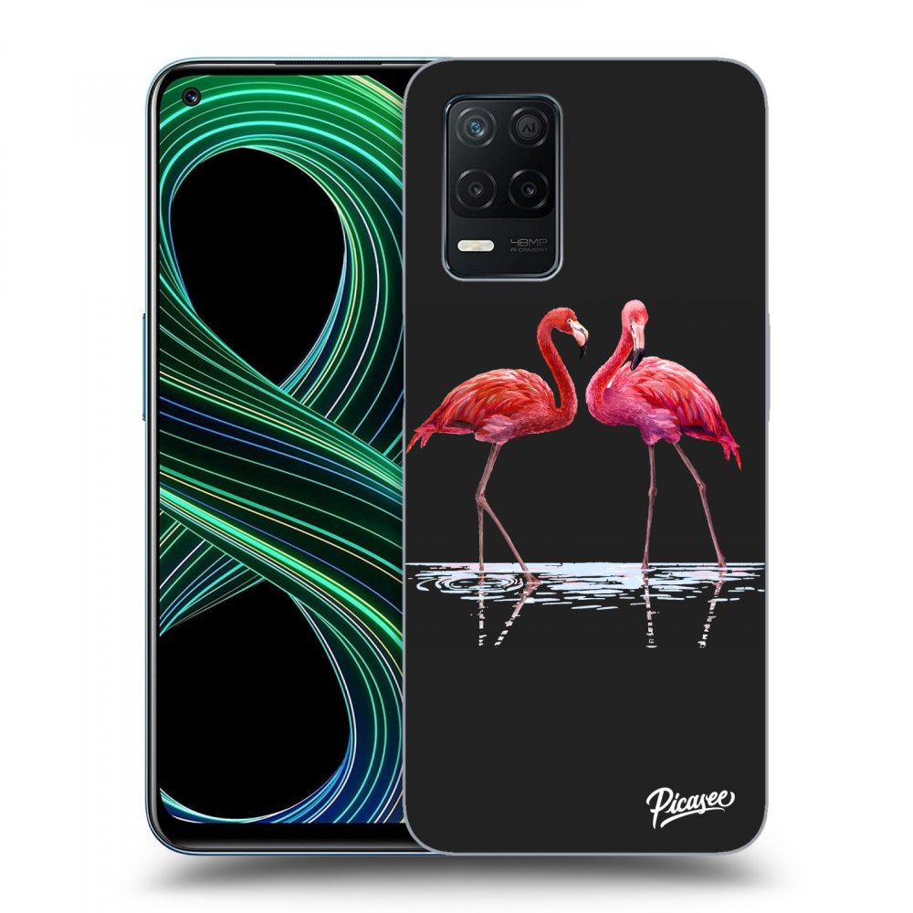 Picasee silikonowe czarne etui na Realme 8 5G - Flamingos couple
