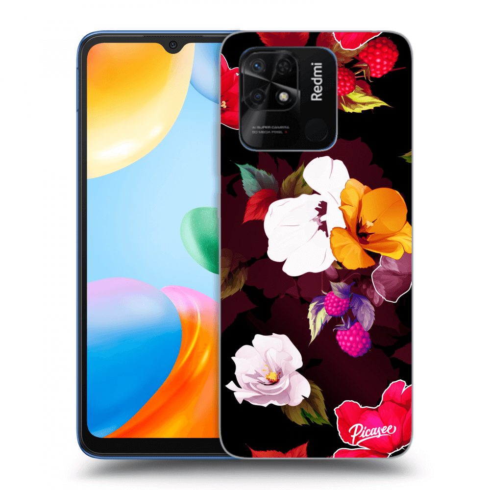 Picasee silikonowe czarne etui na Xiaomi Redmi 10C - Flowers and Berries