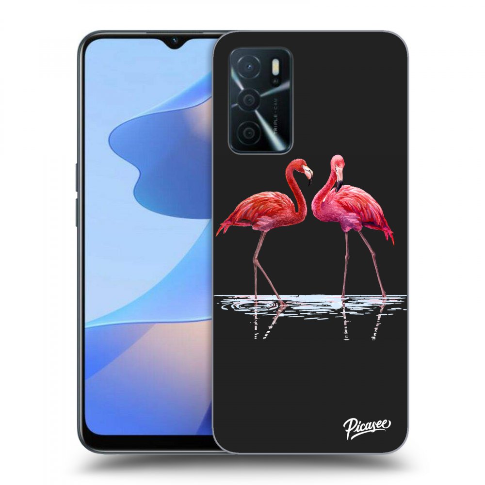 Picasee silikonowe czarne etui na OPPO A16s - Flamingos couple