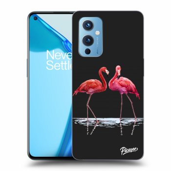 Picasee silikonowe czarne etui na OnePlus 9 - Flamingos couple