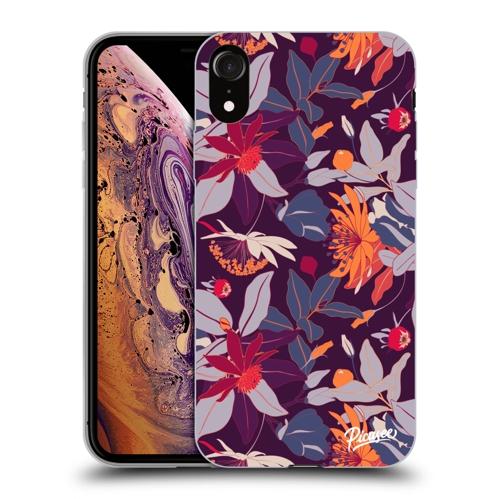 Picasee silikonowe przeźroczyste etui na Apple iPhone XR - Purple Leaf
