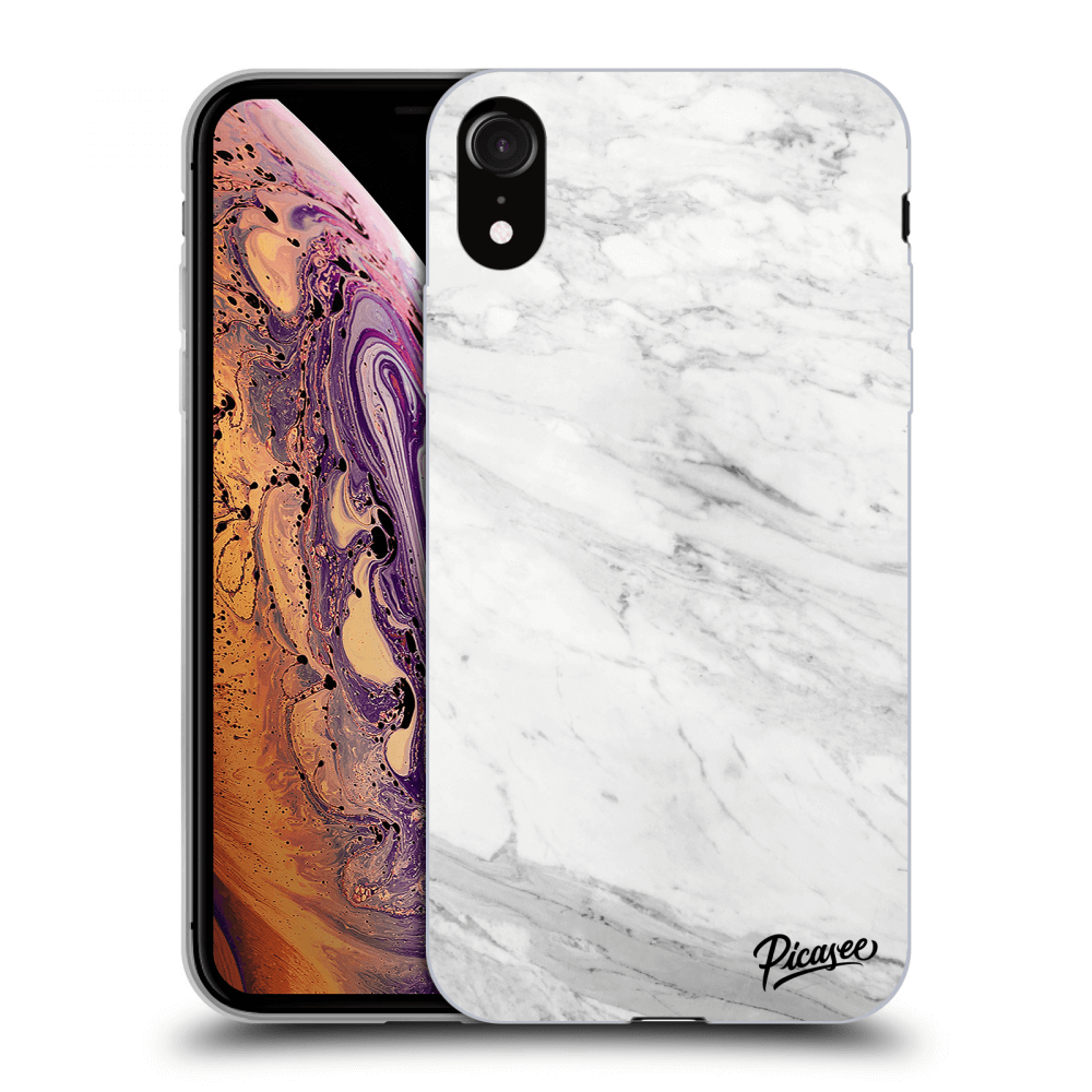 Picasee silikonowe czarne etui na Apple iPhone XR - White marble