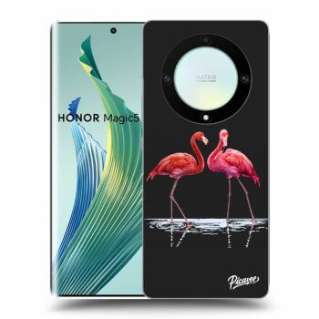 Picasee silikonowe czarne etui na Honor Magic5 Lite 5G - Flamingos couple