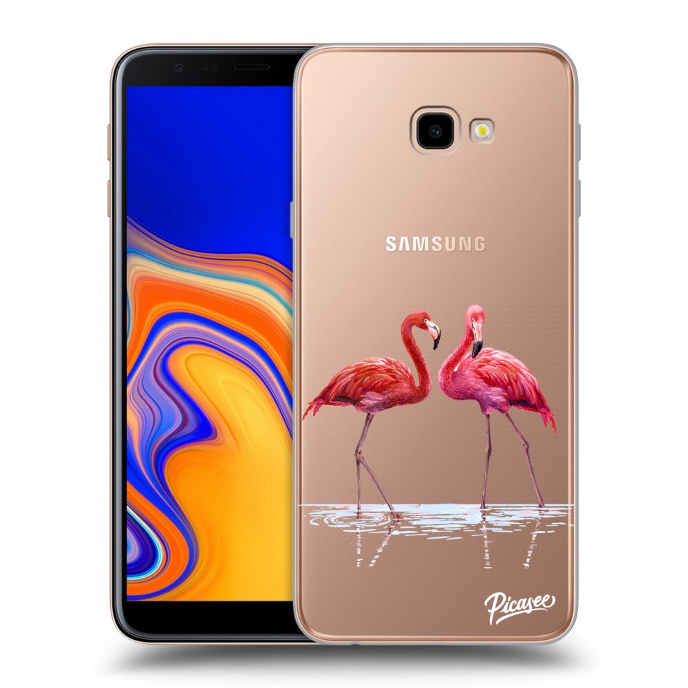 Picasee silikonowe przeźroczyste etui na Samsung Galaxy J4+ J415F - Flamingos couple